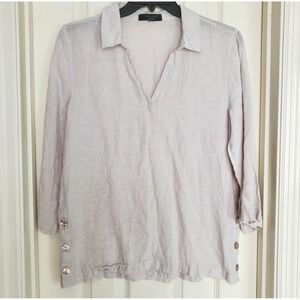 Tahari Linen Tunic Top Lilac Gray 3/4 Sleeve Side Button V-Neck Relaxed Fit
